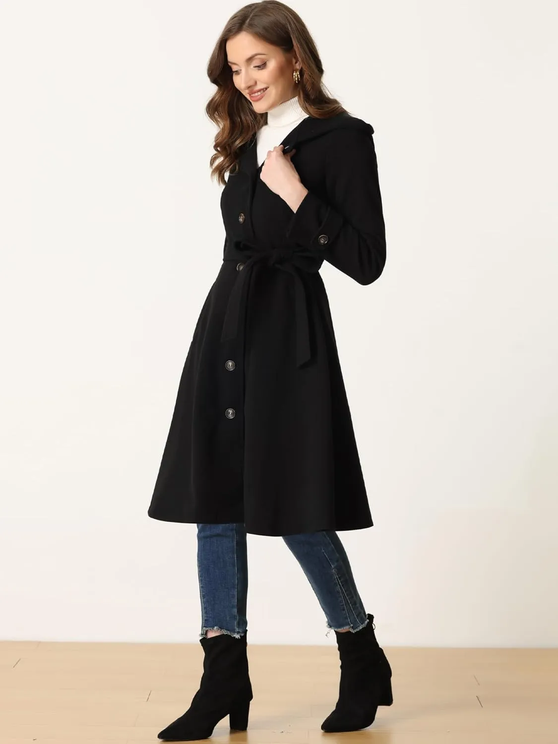 Allegra K Winter Coat for Women's Single Breasted Hooded Trench Coat Long Sleeve Overcoat with Pockets