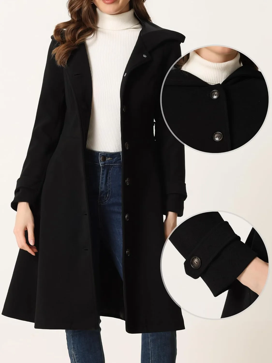 Allegra K Winter Coat for Women's Single Breasted Hooded Trench Coat Long Sleeve Overcoat with Pockets