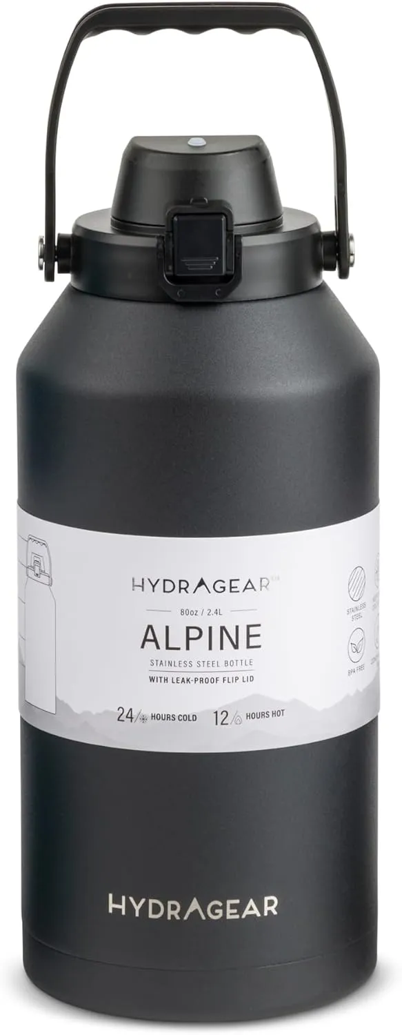 Alpine Insulated Stainless Steel Bottle with Leak-Proof Flip Lid - 80 Oz - Onyx Powder Coat