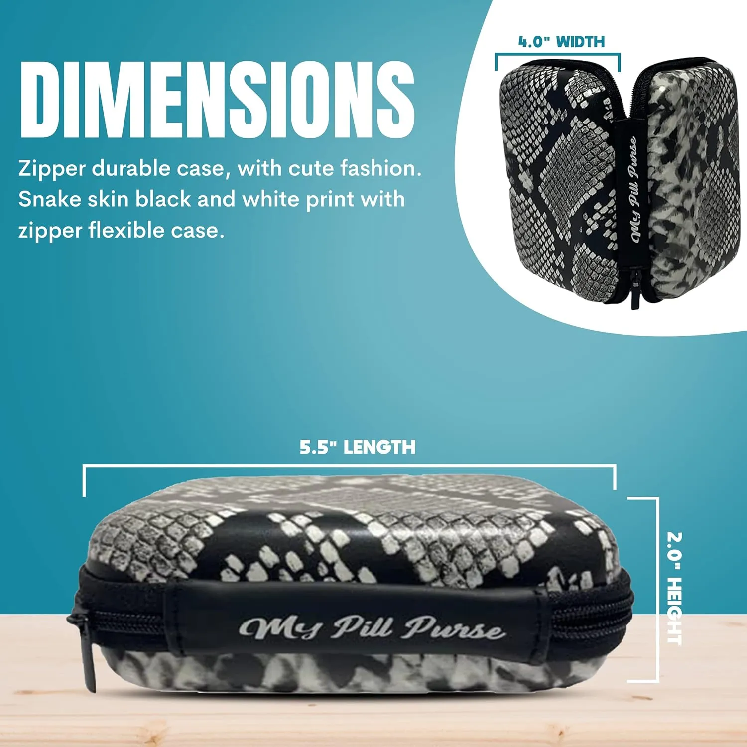 Am Pm Pill Organizer 7 Day Black/White Faux Snake Skin Medicine Storage Case Size 5.5 X 4 X 1.75 in. Med Wallet 14 Reusable Small Pill Baggies 3x4 in. Pill Pouches for Medicine, Days of The Week