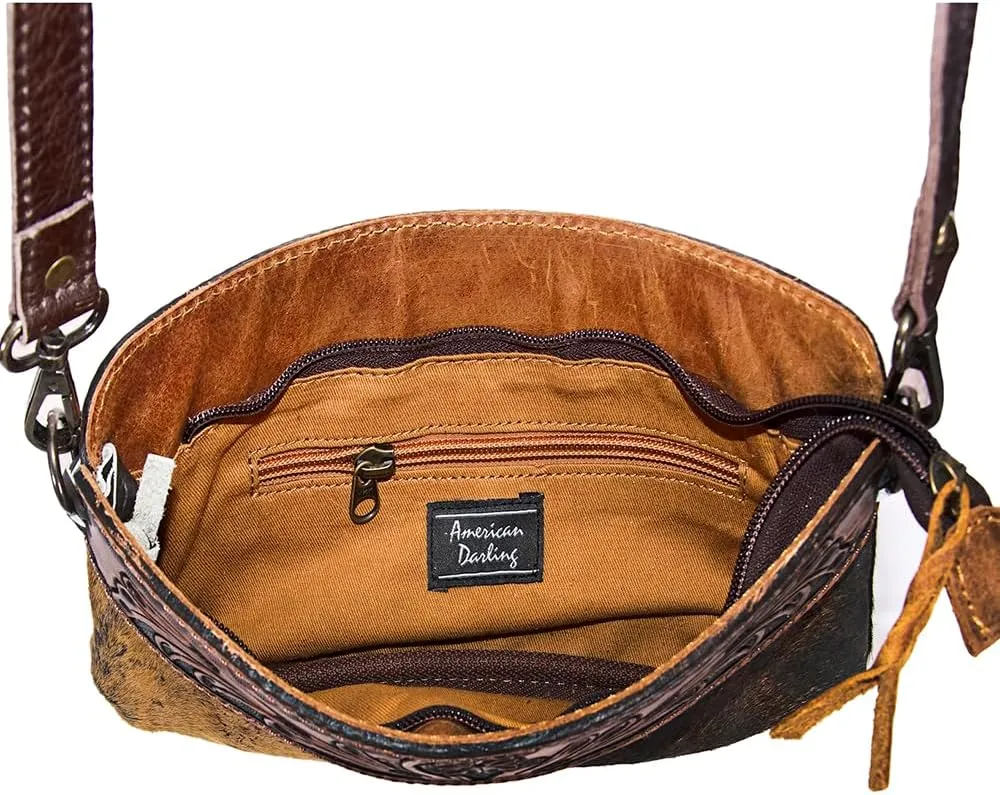 American Darling Small Crossbody Hand Tooled Hair On Genuine Leather Women Bag Western Handbag Purse