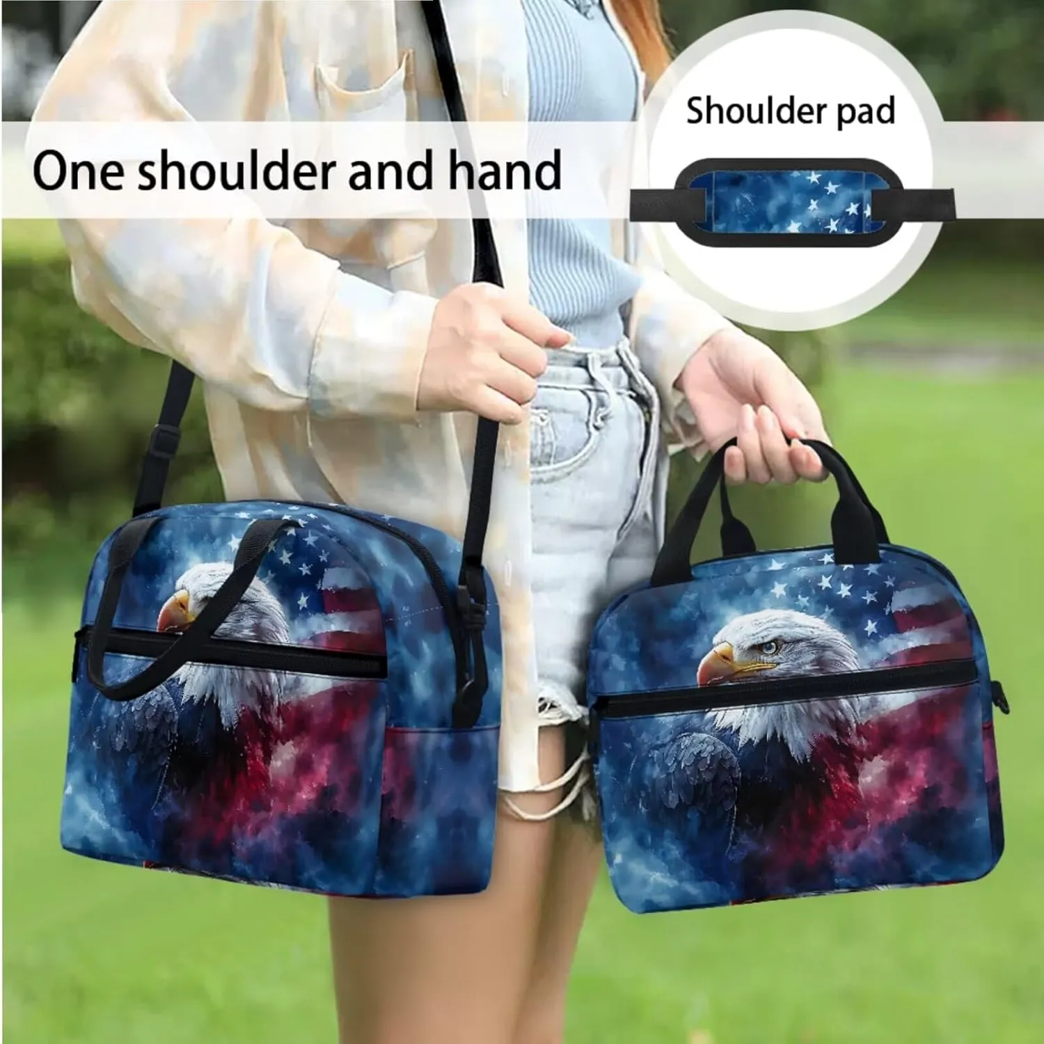 American Flag Eagle Backpack for Boys 17 Inch Schoolbag with Insulated Lunch Bag and Pen Bag Pencil Case 3 Pieces Set Casual Daypack Book Organizers Backpack