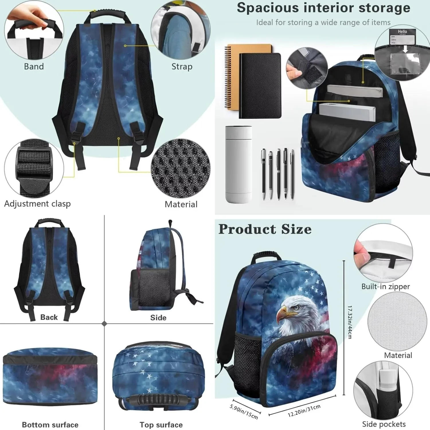 American Flag Eagle Backpack for Boys 17 Inch Schoolbag with Insulated Lunch Bag and Pen Bag Pencil Case 3 Pieces Set Casual Daypack Book Organizers Backpack
