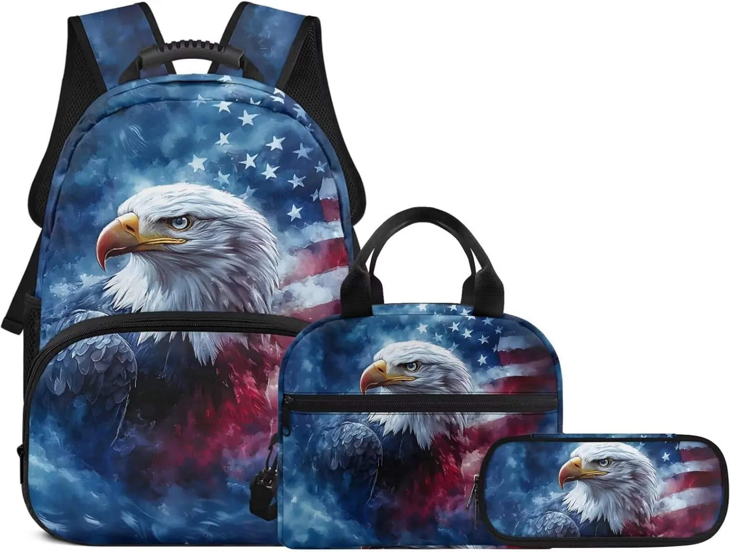 American Flag Eagle Backpack for Boys 17 Inch Schoolbag with Insulated Lunch Bag and Pen Bag Pencil Case 3 Pieces Set Casual Daypack Book Organizers Backpack