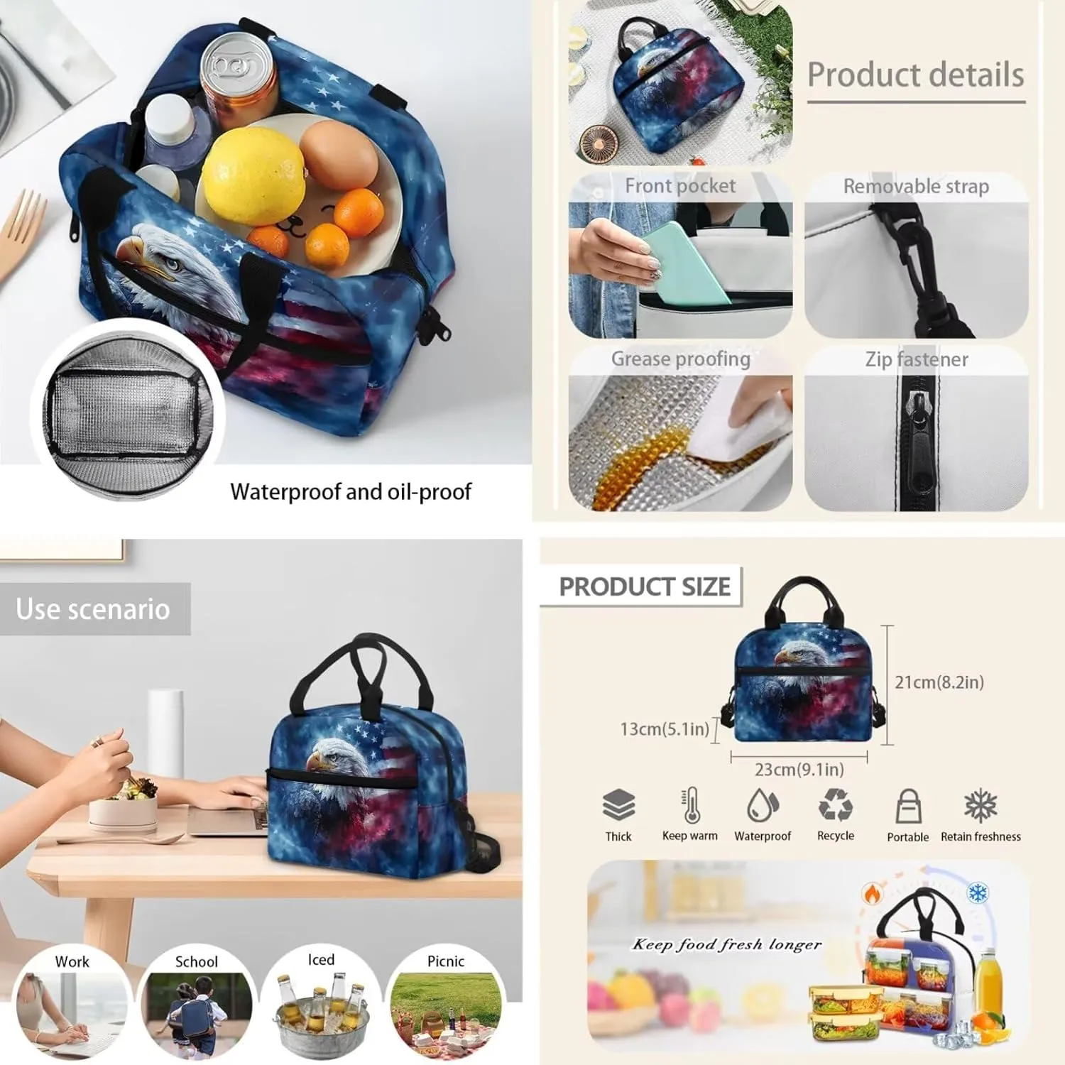 American Flag Eagle Backpack for Boys 17 Inch Schoolbag with Insulated Lunch Bag and Pen Bag Pencil Case 3 Pieces Set Casual Daypack Book Organizers Backpack