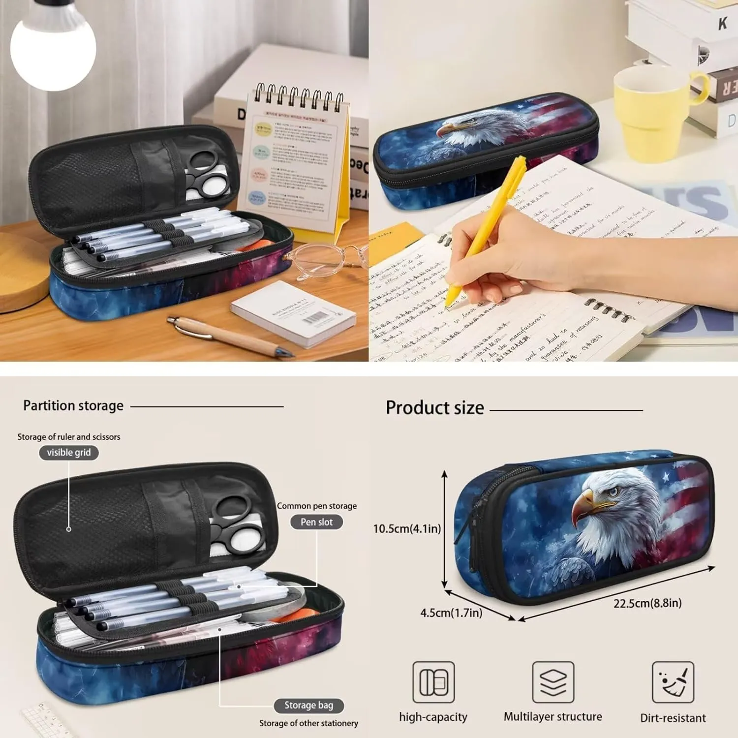 American Flag Eagle Backpack for Boys 17 Inch Schoolbag with Insulated Lunch Bag and Pen Bag Pencil Case 3 Pieces Set Casual Daypack Book Organizers Backpack