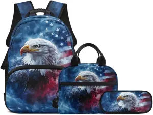 American Flag Eagle Backpack for Boys 17 Inch Schoolbag with Insulated Lunch Bag and Pen Bag Pencil Case 3 Pieces Set Casual Daypack Book Organizers Backpack