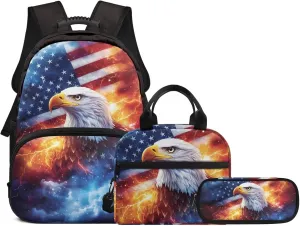 American Flag with Eagle Backpack Elementary Kindergarten Boys School Bookbag 3 Pack School Bag with Lunch Bag Pencil Case Set
