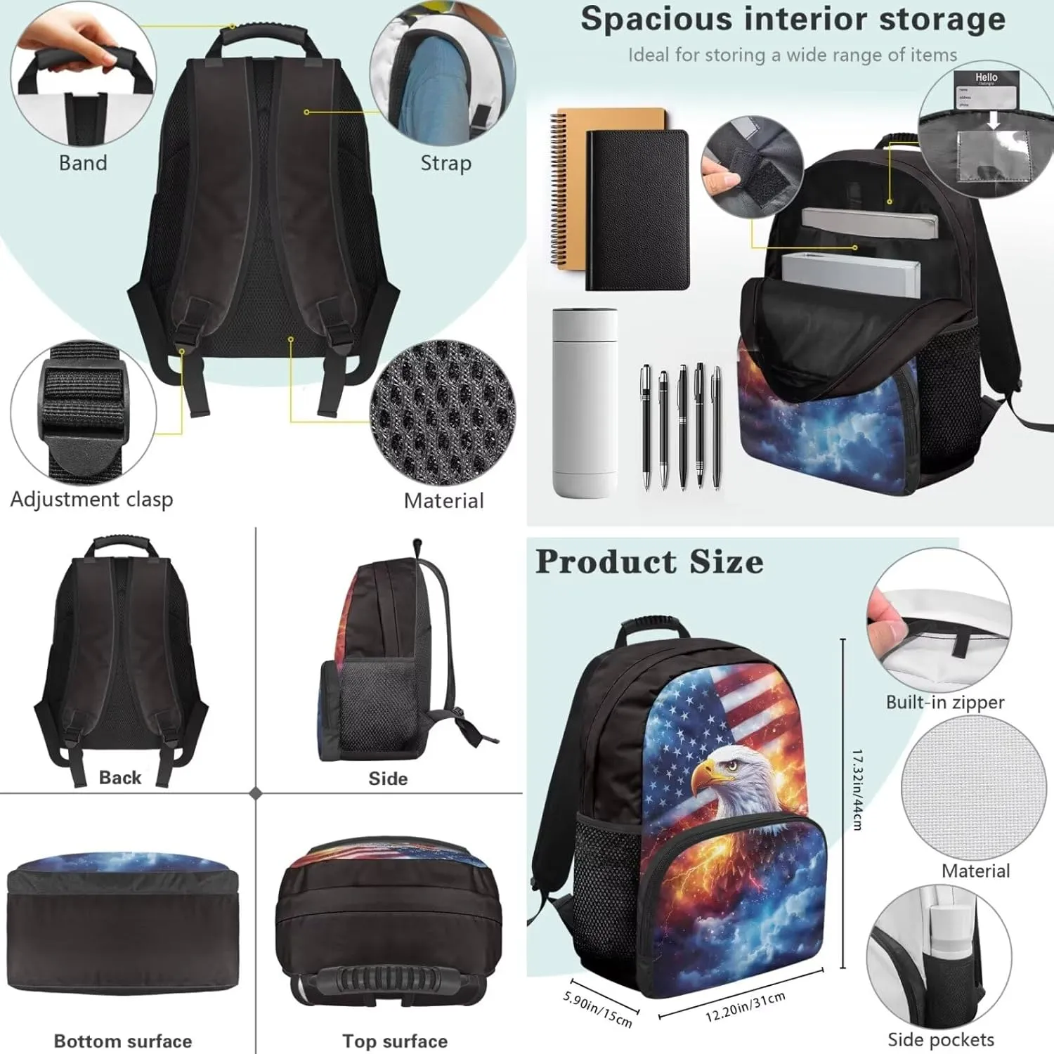American Flag with Eagle Backpack Elementary Kindergarten Boys School Bookbag 3 Pack School Bag with Lunch Bag Pencil Case Set