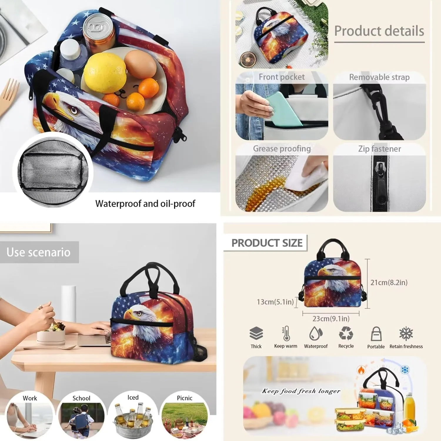 American Flag with Eagle Backpack Elementary Kindergarten Boys School Bookbag 3 Pack School Bag with Lunch Bag Pencil Case Set
