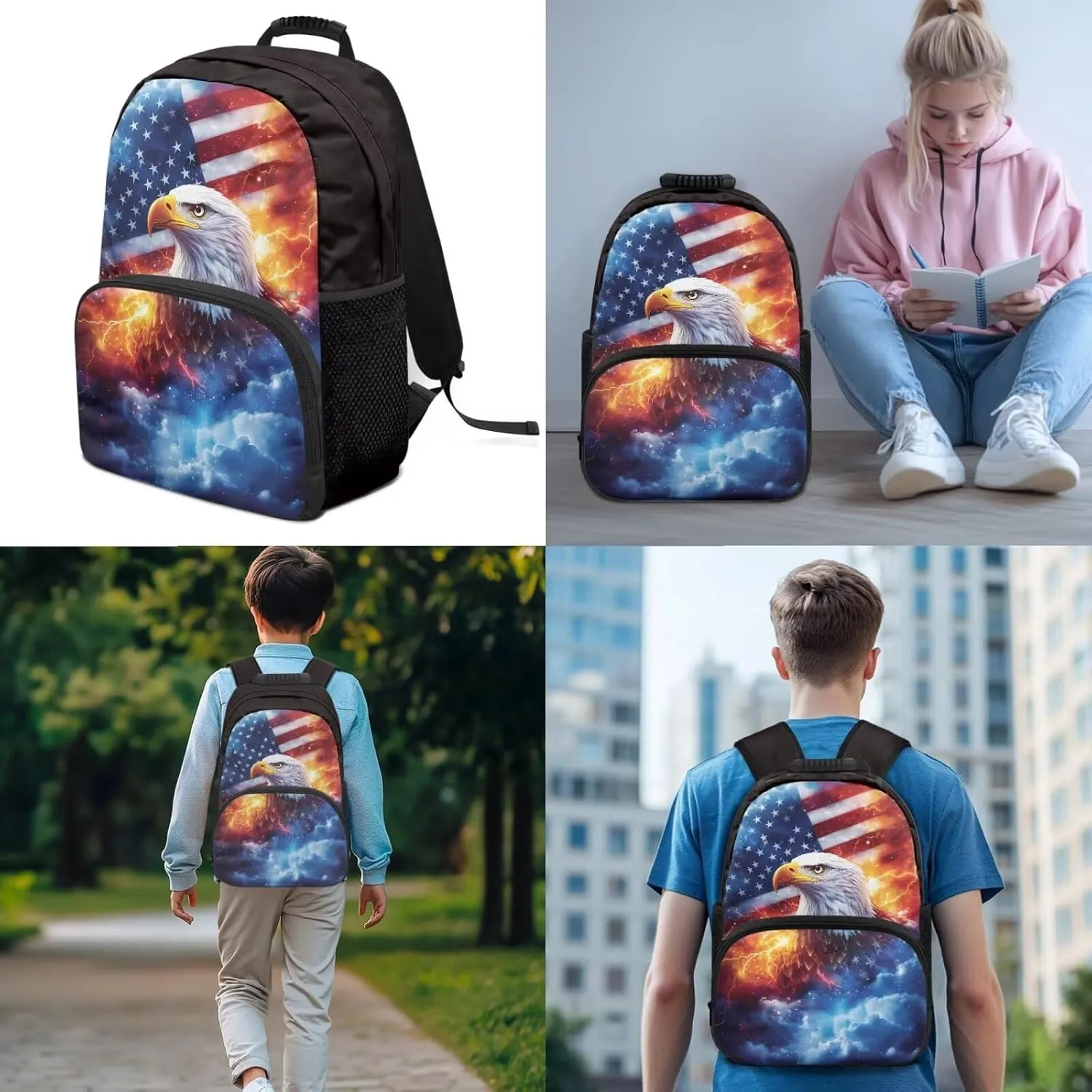 American Flag with Eagle Backpack Elementary Kindergarten Boys School Bookbag 3 Pack School Bag with Lunch Bag Pencil Case Set
