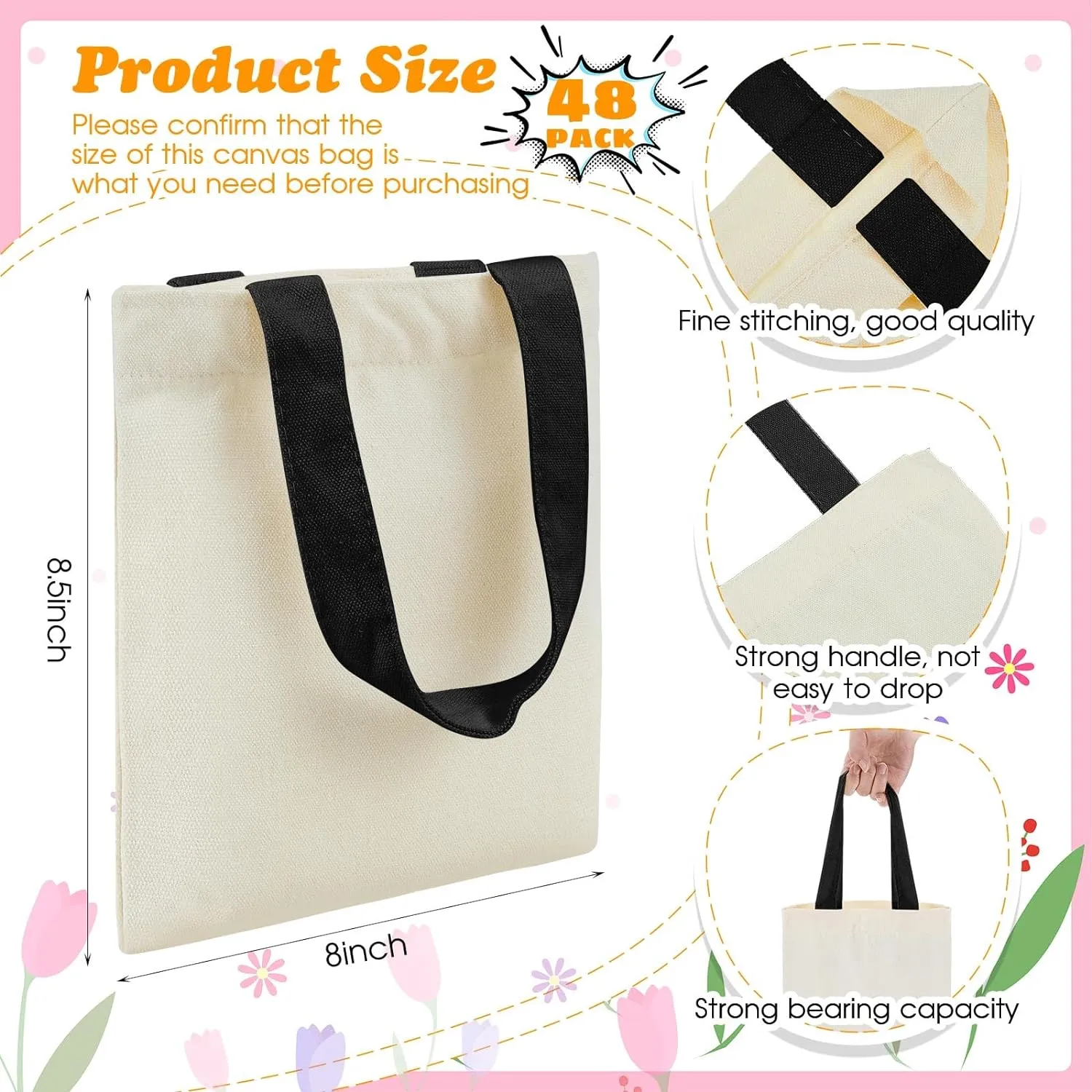 Amylove 24 Pcs Mini Tote Bag Sublimation Blank Canvas Tote Bags Reusable Grocery Luggage DIY Sack Goody for Party Even (8.5 x 8 Inch,Beige with Black Handle)