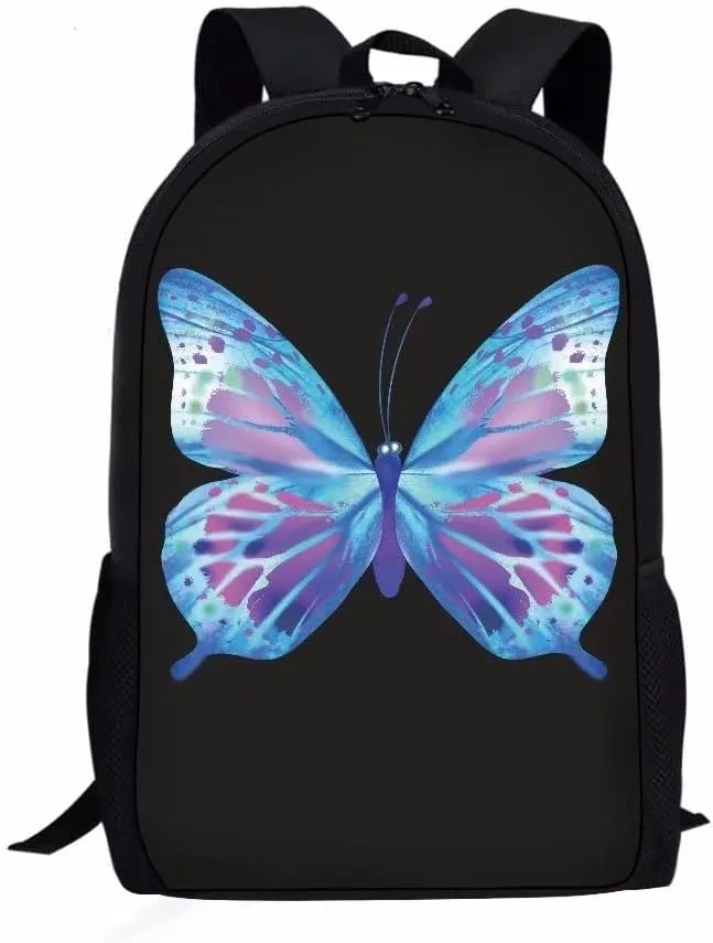AmzPrint 17 Inch Blue Butterfly Laptop Backpack Women Fashion Black Shoulder Lightweight Book Bags For Teenage Boys