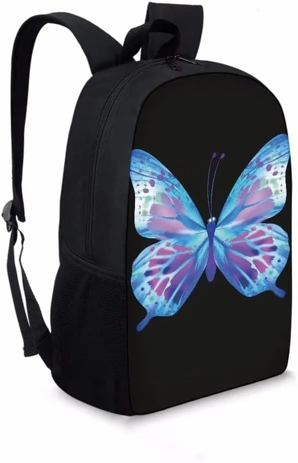 AmzPrint 17 Inch Blue Butterfly Laptop Backpack Women Fashion Black Shoulder Lightweight Book Bags For Teenage Boys