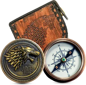 Antique Bronze Compass 2-Inch with Leather Case – Winter is Coming Direwolf Design – Functional Collectible for Outdoor Navigation & Fantasy