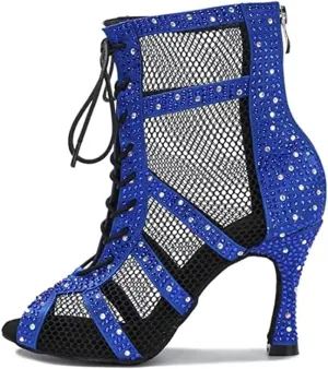 AOQUNFS Women Latin Dance Shoes Lace-up Rhinestones Ballroom Salsa Boots Dance Heels