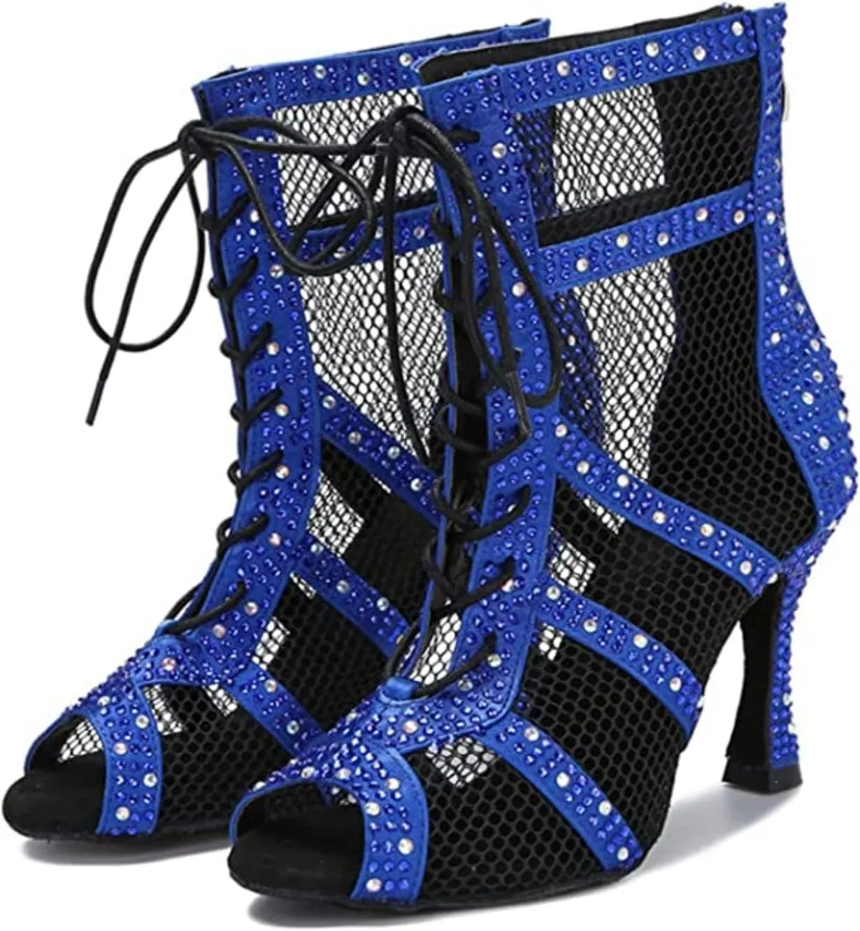 AOQUNFS Women Latin Dance Shoes Lace-up Rhinestones Ballroom Salsa Boots Dance Heels