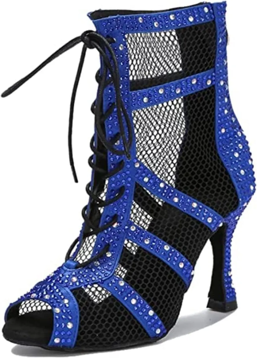 AOQUNFS Women Latin Dance Shoes Lace-up Rhinestones Ballroom Salsa Boots Dance Heels