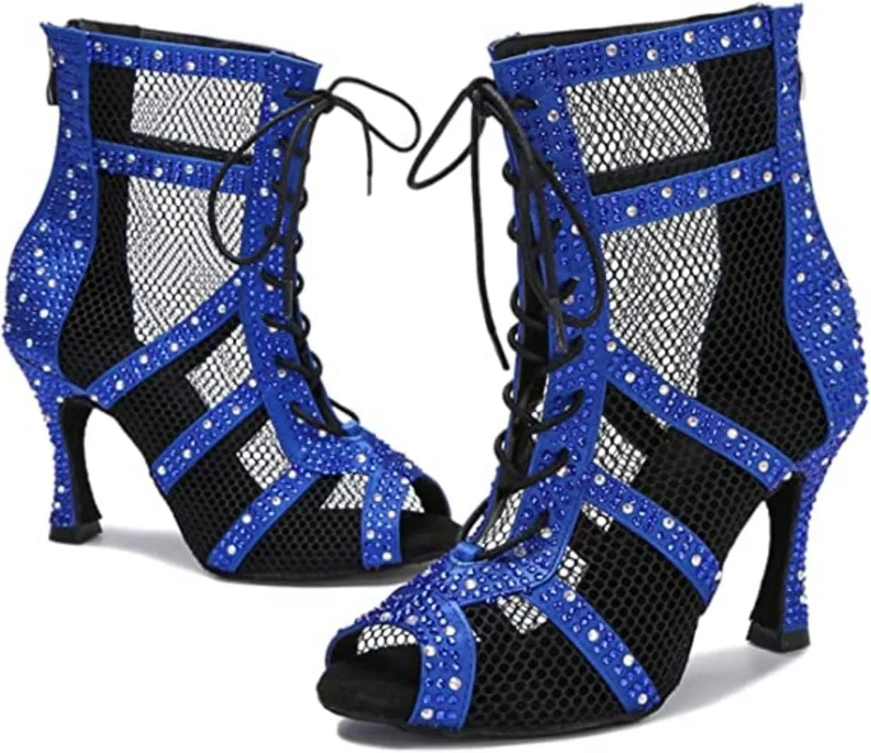 AOQUNFS Women Latin Dance Shoes Lace-up Rhinestones Ballroom Salsa Boots Dance Heels