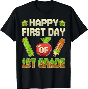 Apple Happy First Day of 1st Grade Teacher Student Pixel T-Shirt