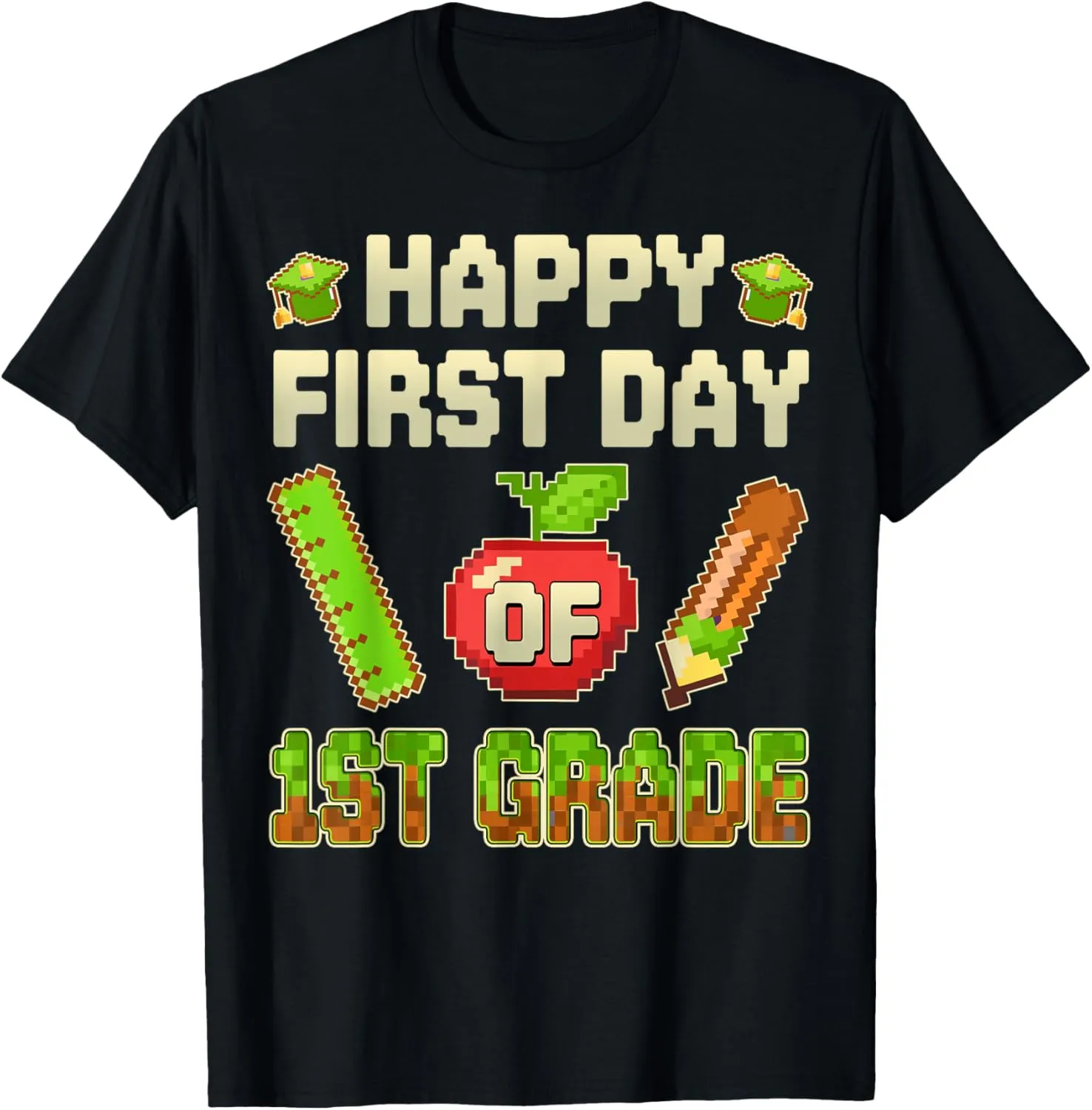 Apple Happy First Day of 1st Grade Teacher Student Pixel T-Shirt
