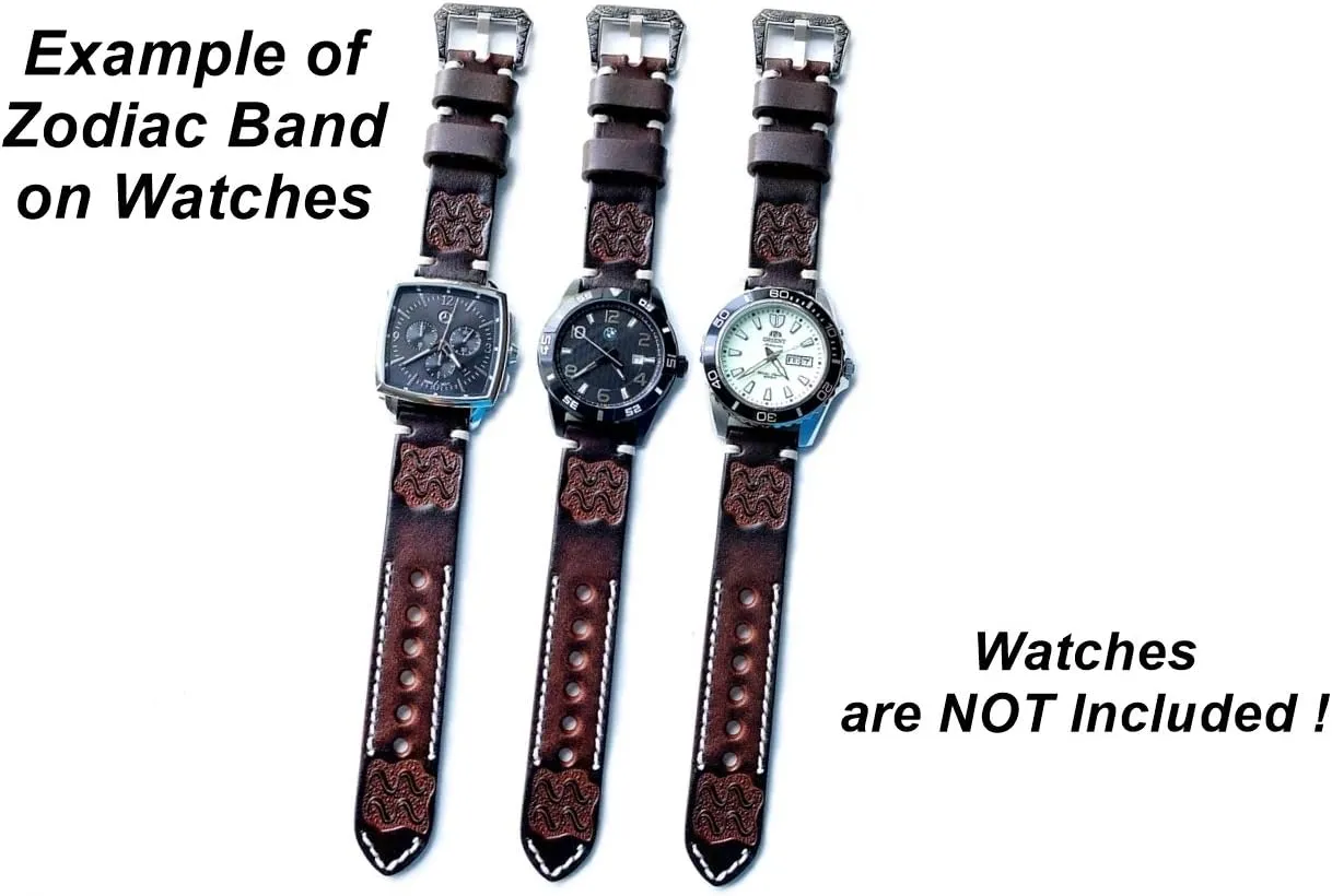 Aquarius Zodiac Set Genuine Brown Leather 22mm Tooled Embossed Crafted Band Strap Bracelet Watch Kit for Watches and 25" Inch Pendant Necklace
