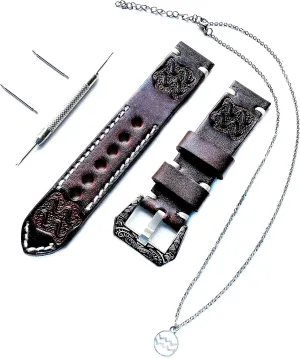 Aquarius Zodiac Set Genuine Brown Leather 22mm Tooled Embossed Crafted Band Strap Bracelet Watch Kit for Watches and 25" Inch Pendant Necklace