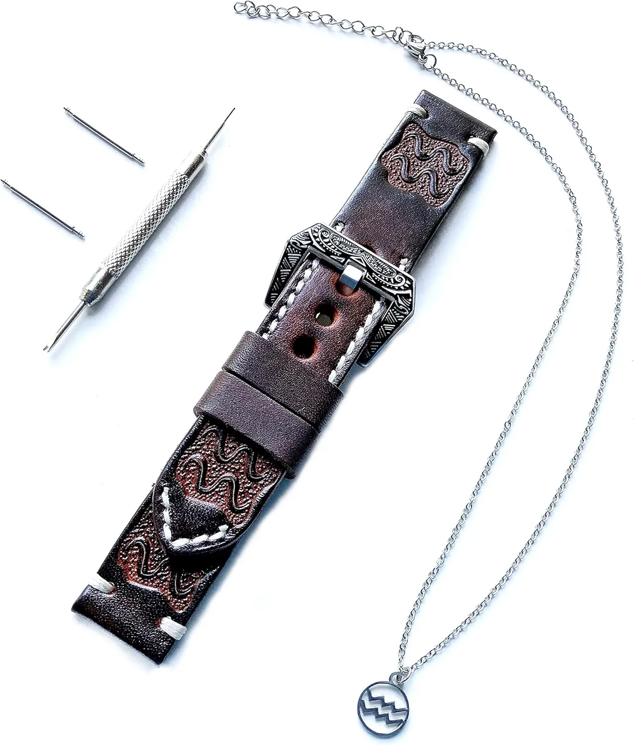 Aquarius Zodiac Set Genuine Brown Leather 22mm Tooled Embossed Crafted Band Strap Bracelet Watch Kit for Watches and 25" Inch Pendant Necklace