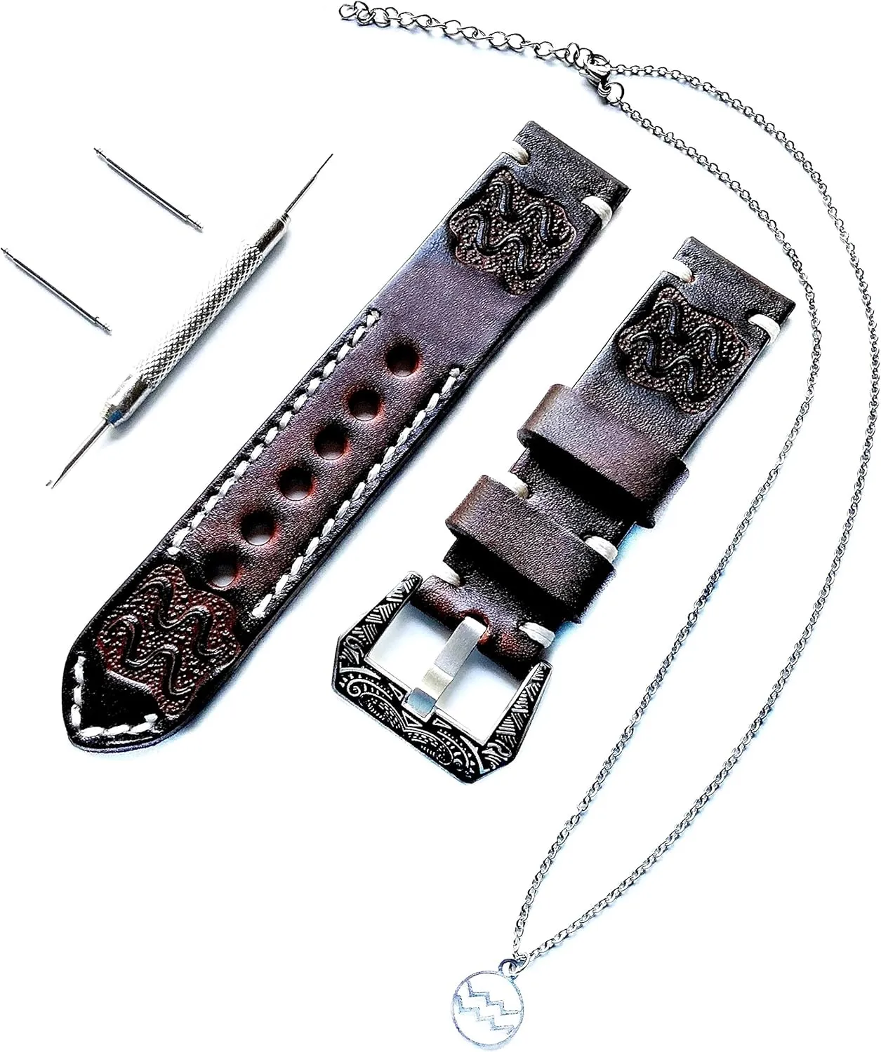 Aquarius Zodiac Set Genuine Brown Leather 22mm Tooled Embossed Crafted Band Strap Bracelet Watch Kit for Watches and 25" Inch Pendant Necklace