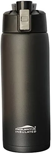 Aquatix (Black, 21 Ounce) Pure Stainless Steel Double Wall Vacuum Insulated Sports Water Bottle with Convenient Flip Top - Keeps Drinks Cold for 24 Hours, Hot for 6 Hours