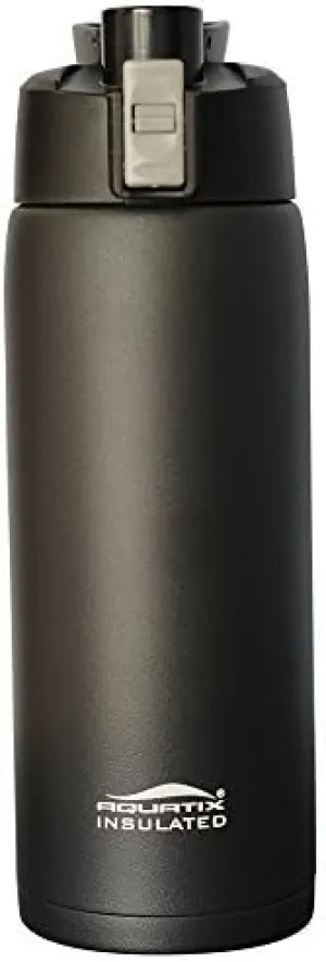 Aquatix (Black, 21 Ounce) Pure Stainless Steel Double Wall Vacuum Insulated Sports Water Bottle with Convenient Flip Top - Keeps Drinks Cold for 24 Hours, Hot for 6 Hours