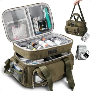 ARCFOX Medicine Storage Bag with Lock, Vintage Canvas Large Pill Bottle Organizer for Men, Double Layers Medication Storage with Portable Travel Pouch Shoulder Strap Handles, Army Green