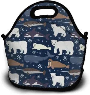 Arctic Animals Orca Whale Narwhal Polar Bear Seal Walrus Snowflake Lunch Bag Neoprene Insulated Lunch Box, Reusable Thermal Thick Lunch Tote, Portable Thermal Lunch Cooler Bag for Outdoor Travel Work