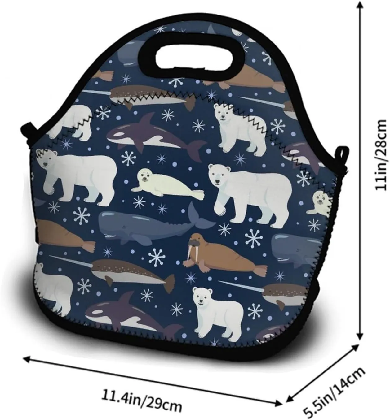 Arctic Animals Orca Whale Narwhal Polar Bear Seal Walrus Snowflake Lunch Bag Neoprene Insulated Lunch Box, Reusable Thermal Thick Lunch Tote, Portable Thermal Lunch Cooler Bag for Outdoor Travel Work