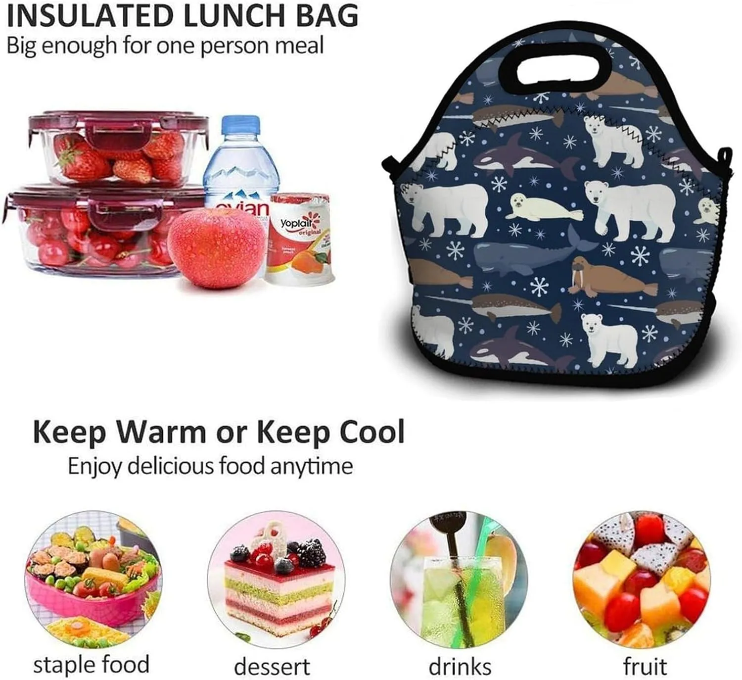 Arctic Animals Orca Whale Narwhal Polar Bear Seal Walrus Snowflake Lunch Bag Neoprene Insulated Lunch Box, Reusable Thermal Thick Lunch Tote, Portable Thermal Lunch Cooler Bag for Outdoor Travel Work