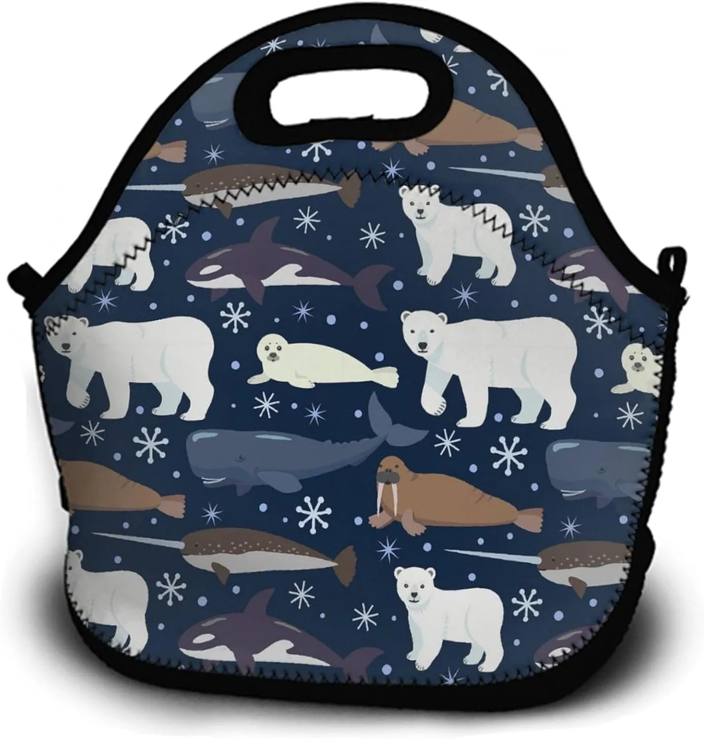 Arctic Animals Orca Whale Narwhal Polar Bear Seal Walrus Snowflake Lunch Bag Neoprene Insulated Lunch Box, Reusable Thermal Thick Lunch Tote, Portable Thermal Lunch Cooler Bag for Outdoor Travel Work