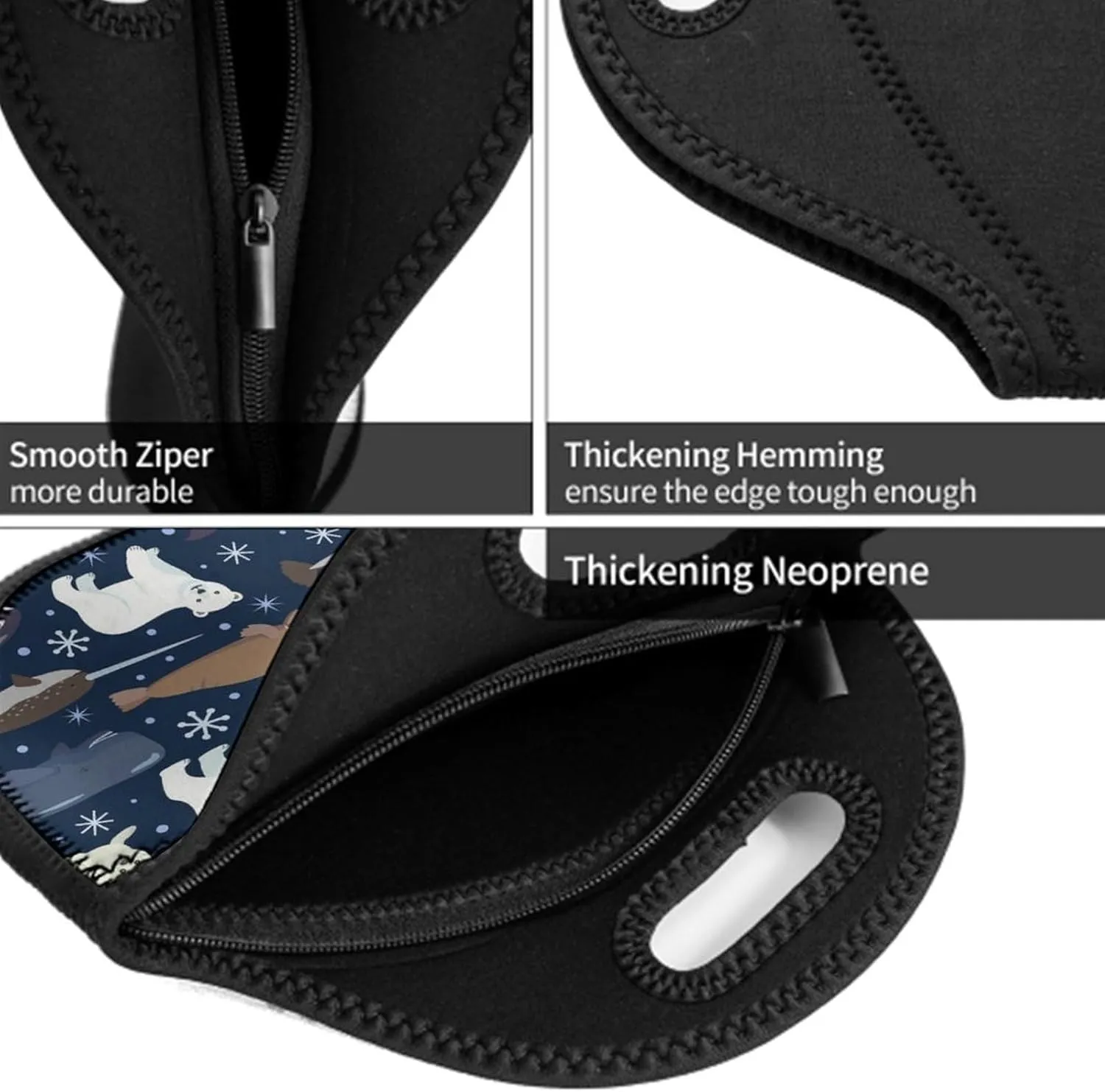 Arctic Animals Orca Whale Narwhal Polar Bear Seal Walrus Snowflake Lunch Bag Neoprene Insulated Lunch Box, Reusable Thermal Thick Lunch Tote, Portable Thermal Lunch Cooler Bag for Outdoor Travel Work