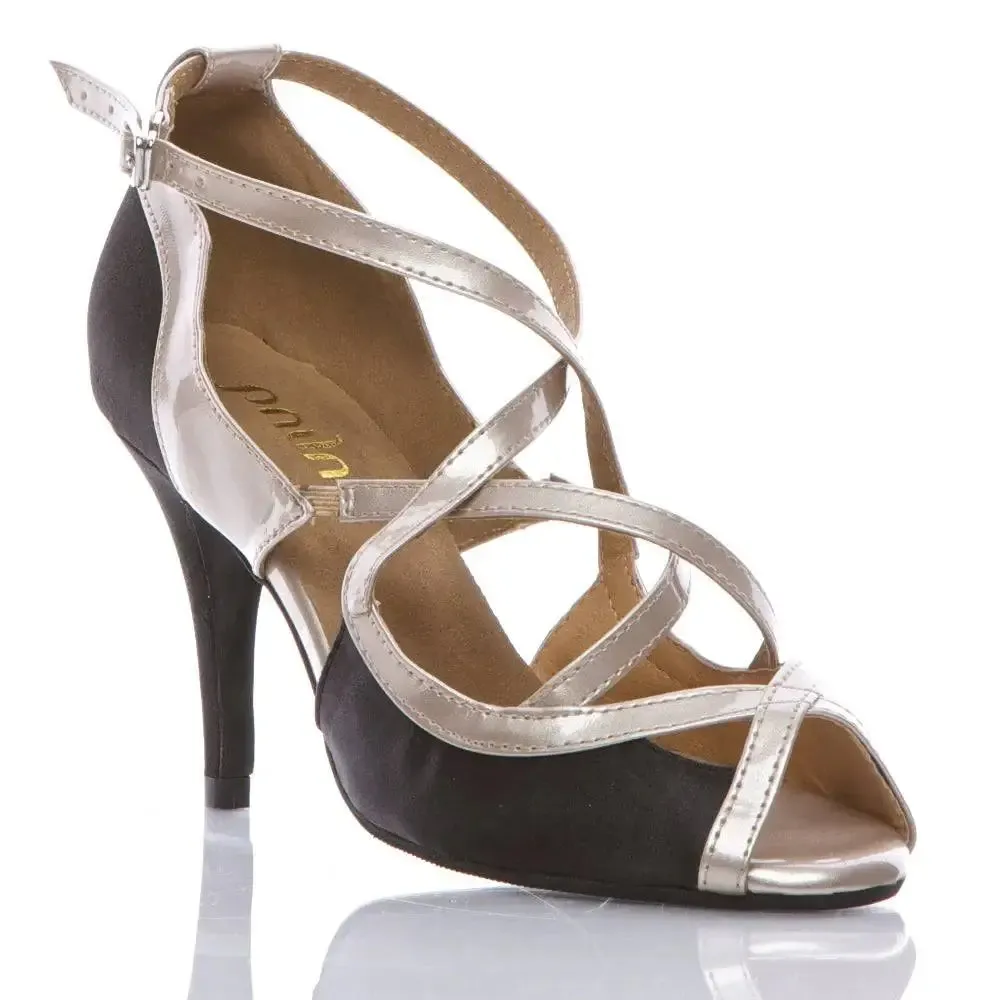 Arlette - Black Satin with Patent Criss Cross Latin Dance Shoe (Suede Sole)