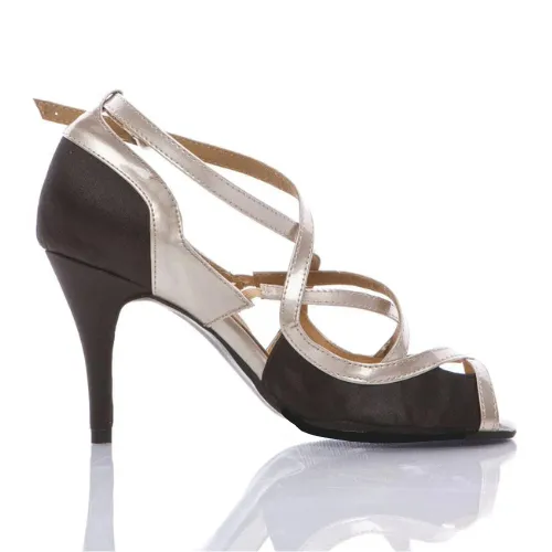 Arlette - Black Satin with Patent Criss Cross Latin Dance Shoe (Suede Sole)