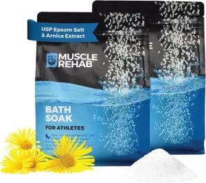 Arnica Infused USP Epsom Salts for Soaking for Pain- (2) 29oz Bags Muscle Recovery Magnesium Bath Soak with Essential Oils, and Turmeric - Ease Tired Muscle & Joint Soother, Foot Baths