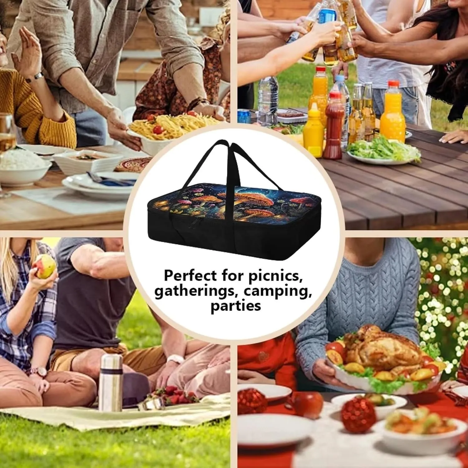 Art Mushroom Insulated Casserole Carriers Portable Food Warmer for Hot or Cold Food Lasagna Holder Tote Casserole Dish Carrying Case for Beach Parties Picnic