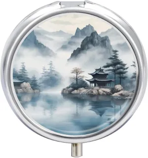 Asian Landscape Painting Pill Organizer 3 Compartment Travel Pillbox with Mirror Daily Medicine Pill Case Metal Pill Box for Purse & Pocket Portable Small Medicine Box Round Vitamin Case Container