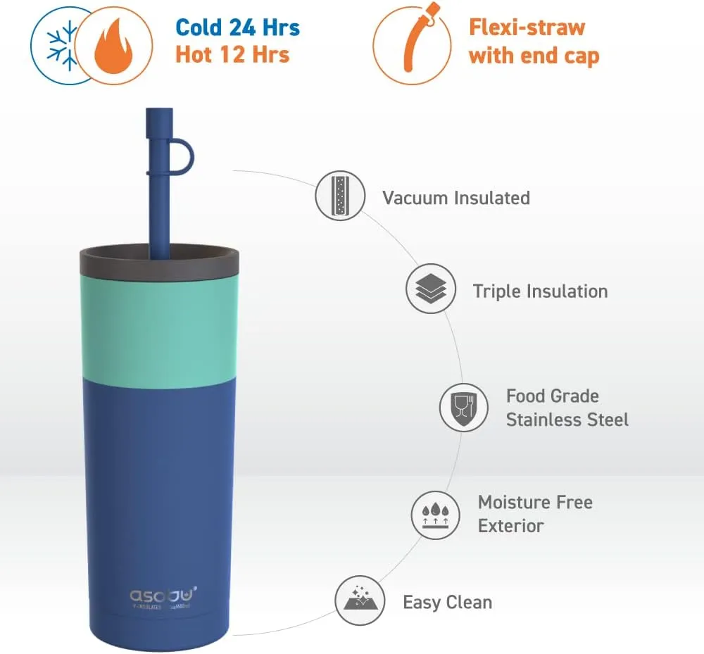 asobu Sippy Double Wall Stainless Steel Tumbler with Silicone Flexible Straw, 20 Ounces (Pastel Blue)