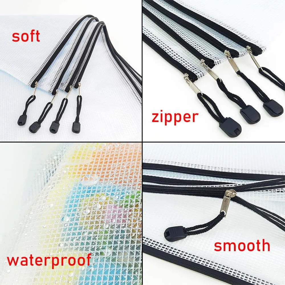 AUSTARK 24PCS Plastic Mesh Zipper Pouch Bags, Zipper File Bags with Label Pocket, Storage Bags for Board Games, Organization Bags for Office Home Travel Cosmetic (13.4''x9.4'', Black Zipper)