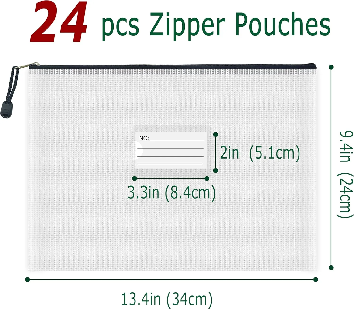 AUSTARK 24PCS Plastic Mesh Zipper Pouch Bags, Zipper File Bags with Label Pocket, Storage Bags for Board Games, Organization Bags for Office Home Travel Cosmetic (13.4''x9.4'', Black Zipper)