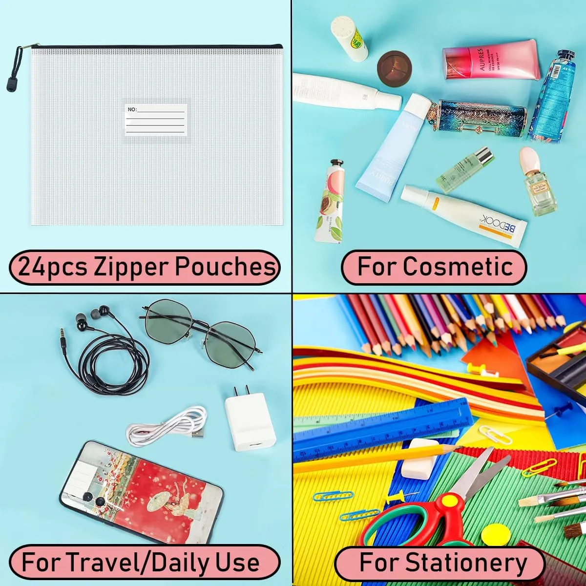 AUSTARK 24PCS Plastic Mesh Zipper Pouch Bags, Zipper File Bags with Label Pocket, Storage Bags for Board Games, Organization Bags for Office Home Travel Cosmetic (13.4''x9.4'', Black Zipper)
