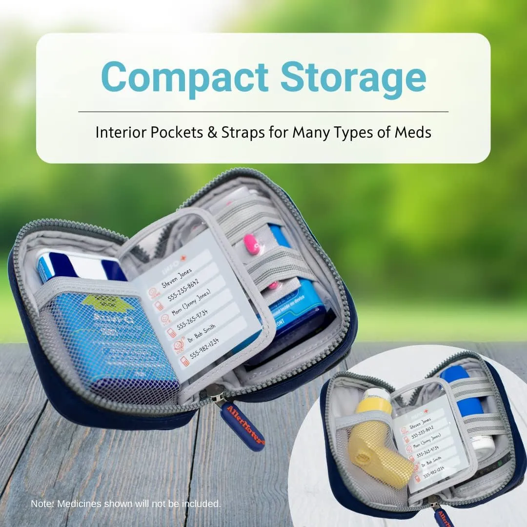 Auvi Q Case, Travel Medical Bag Small Medication Organizer Insulated Medicine Bag "Jake" Navy Blue Mini Medic Pouch Asthma Inhaler Case for Small Inhalers, Allergy Meds, Nasal Sprays and More