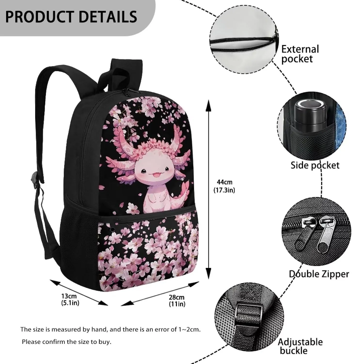 Axolotl School Backpack for Girls 8-10 Cute Cherry Blossom Kindergarten Elementary Middle School Book Bag for Teen Girls Kids Back to School Bag Stylish Bookbag