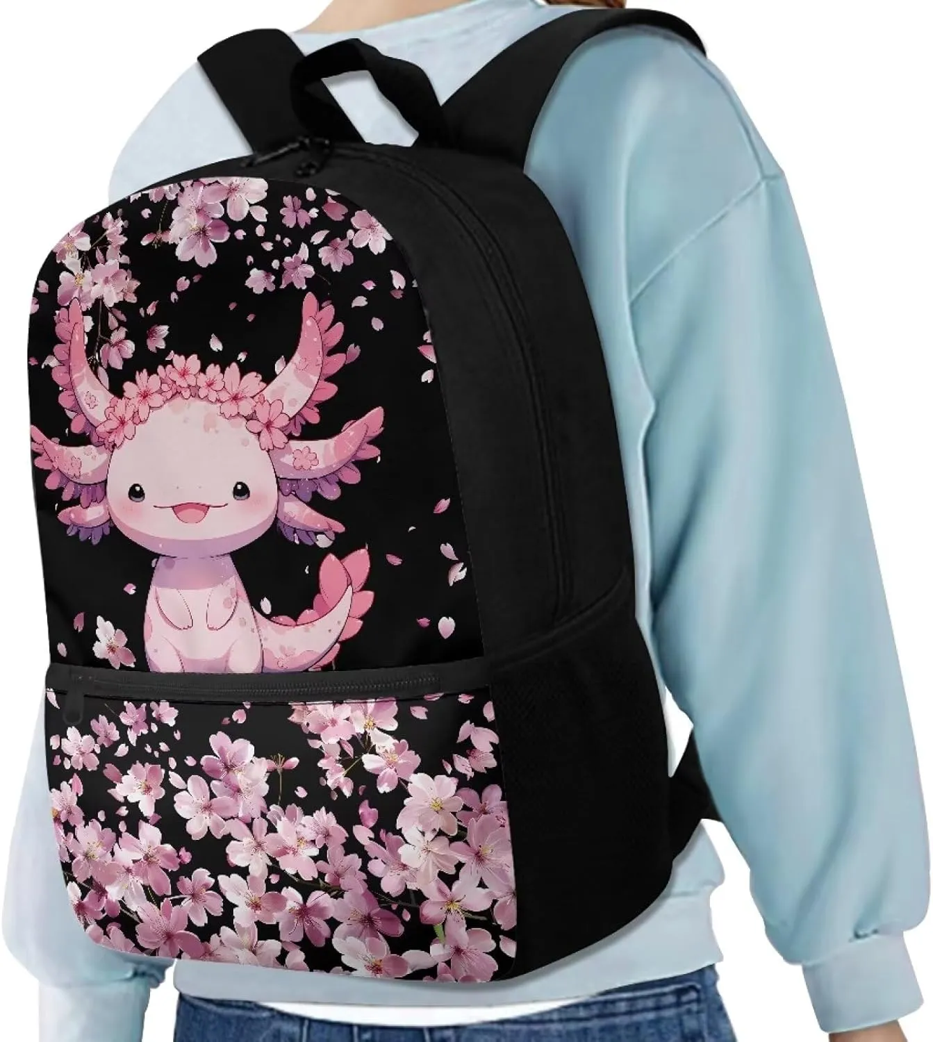 Axolotl School Backpack for Girls 8-10 Cute Cherry Blossom Kindergarten Elementary Middle School Book Bag for Teen Girls Kids Back to School Bag Stylish Bookbag