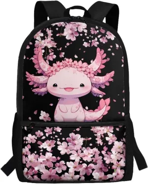 Axolotl School Backpack for Girls 8-10 Cute Cherry Blossom Kindergarten Elementary Middle School Book Bag for Teen Girls Kids Back to School Bag Stylish Bookbag